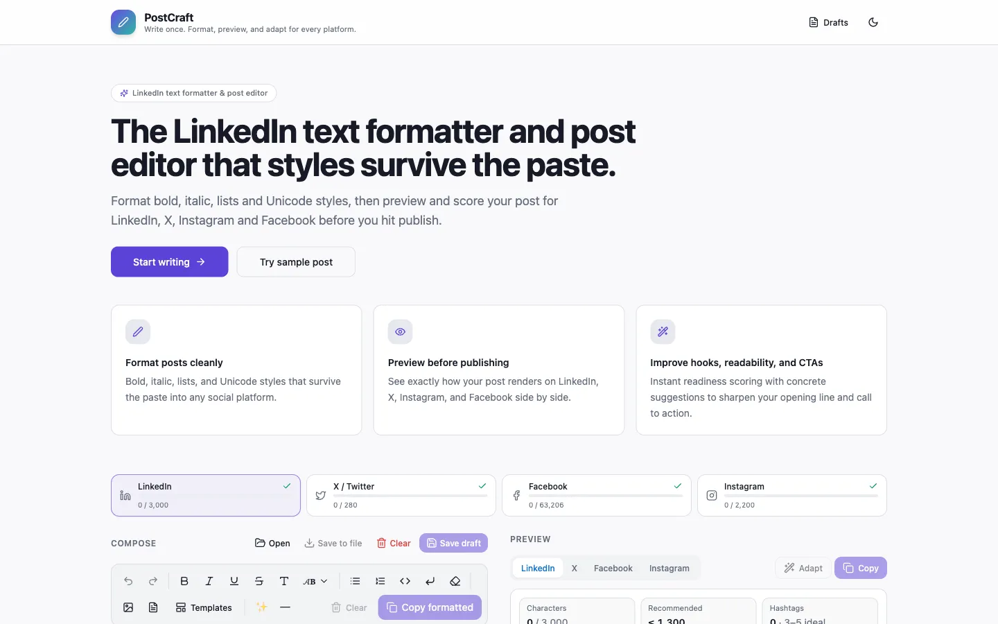 PostCraft editor with a formatted LinkedIn post and live previews